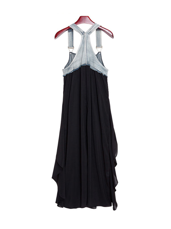 Irregularity Loose Falbala Split-joint Spaghetti-neck Maxi Dresses