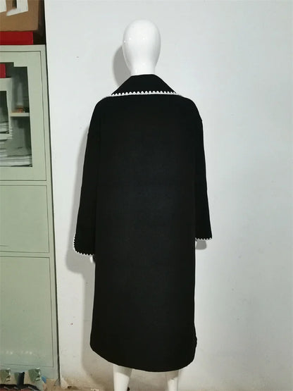 Lapel Contrast Loose Outwear Female Patchwork High Waist Long Sleeve Winter Patchwork Coat