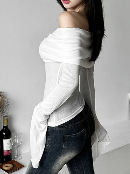 Y2k Aesthetic Simple ’s Tee Shirts Slash Neck Long Sleeve T-shirts Off Shoulder Tshirts