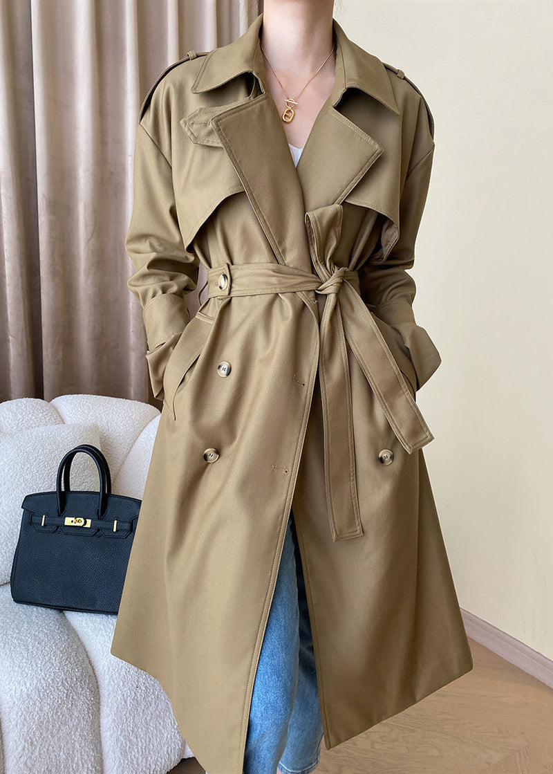 Loose Khaki Pockets Tie Waist Cotton Trench Coat Long Sleeve Af1093