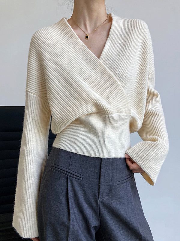 French Grey Cross V-neck Long Sleeve Sweater Qx012