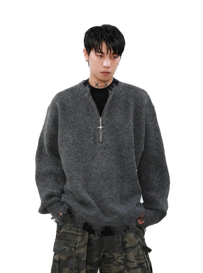 Cross Zipper Half-zip Distressed Sweater
