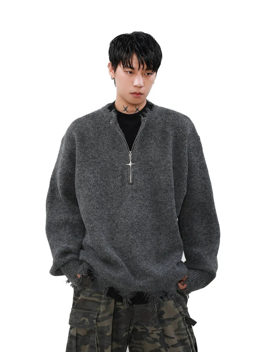 Cross Zipper Half-zip Distressed Sweater
