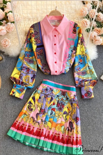Print Blouse and Pleated Skirt Set