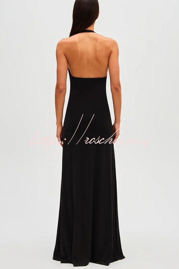 Silhouette Deep U-neck Halter Waterfall Sash Drape Maxi Dress