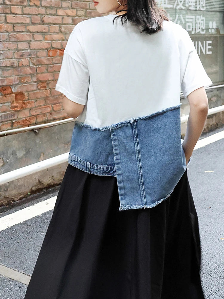 Denim Street Patchwork Sleeve White Short T-shirt O-neck Hem