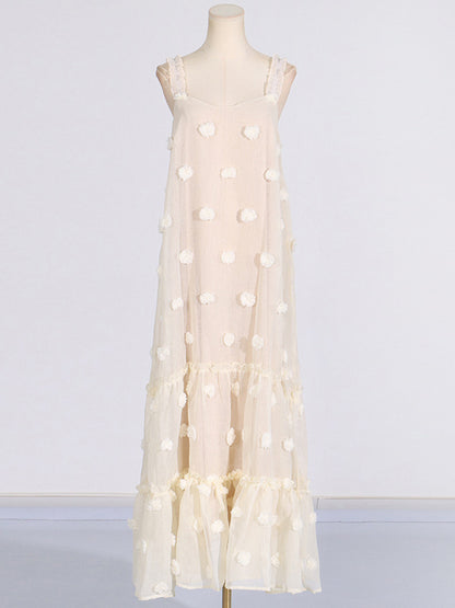 A-line High Waisted Layered Pleated Split-joint Three-dimensional Flower Spaghetti-neck Maxi Dresses