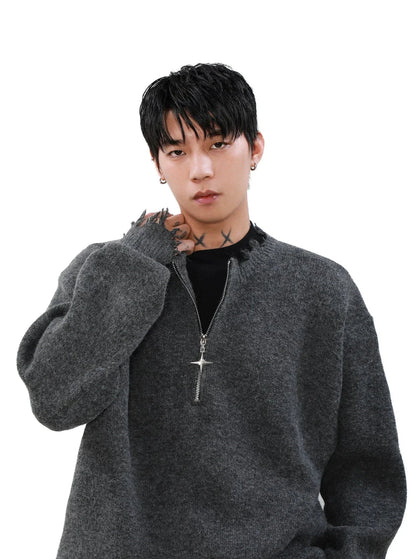 Cross Zipper Half-zip Distressed Sweater