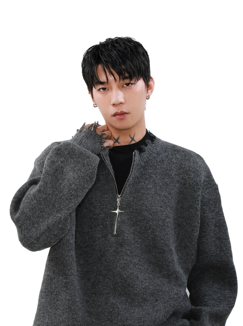 Cross Zipper Half-zip Distressed Sweater