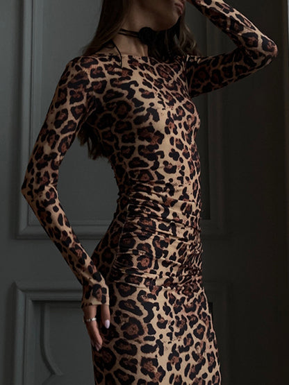 Bodycon Long Sleeves Leopard Printed Round-neck Maxi Dresses