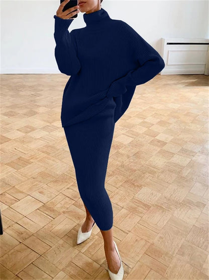 Knitted 2 Piece Outfit Set Long Sleeve Sweater Top and Pencil Long Skirts Autumn Two Piece Sweater Sets
