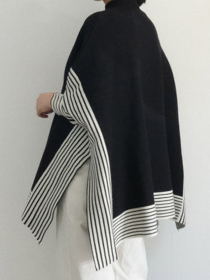 Design Loose High Neck Split-side Striped Batwing Sleeve Sweater Qx010