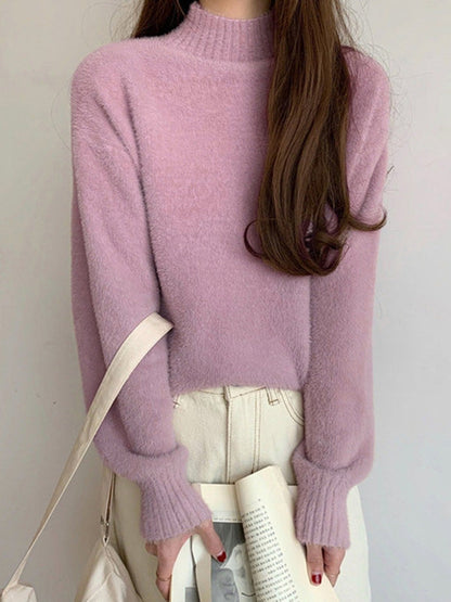 Warm Pink Mock Neck Long Sleeve Mink Sweater Qx005