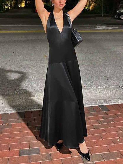 Deep V Neck Halter Maxi Dress