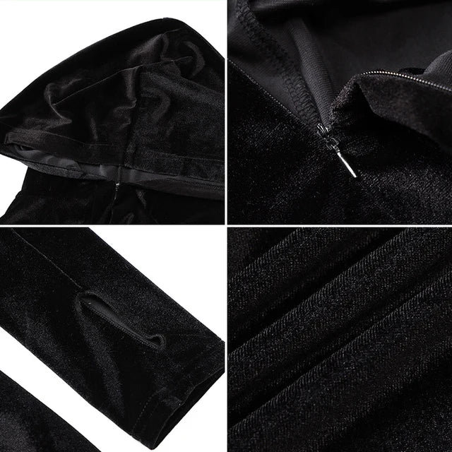 Black Corduroy Bodycon Hooded Jumpsuit Autumn New Long Sleeve V-neck Outfits Female Overalls Fitness New