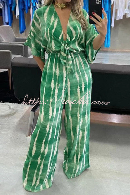 Striped Print V-neck Lace-up Wide-leg Jumpsuit