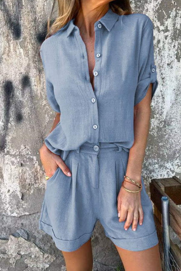Linen Blend Color Button Lapel Short Sleeve Shirt and Pocket Shorts Set