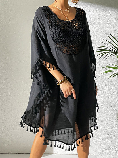 Batwing Sleeves Loose Hollow Color Sun Protection Tasseled Round-neck Cover-ups Tops Midi Dresses