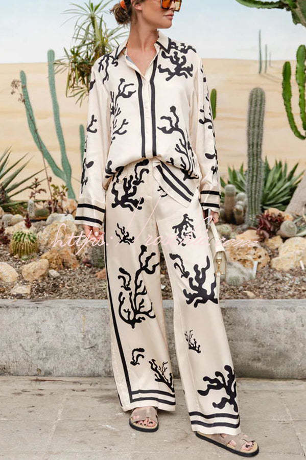 From Desk to Dinner Satin Unique Print Button Down Oversized Blouse