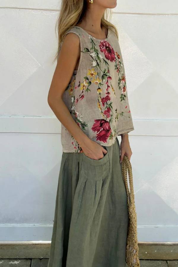 Printed Tank Top \u0026 Skirt Cotton Linen Two-piece Set