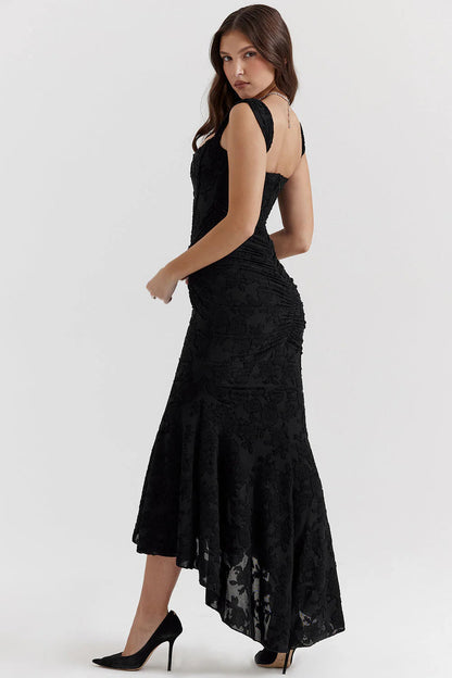 Embroidered Lace Ruched Maxi Dress