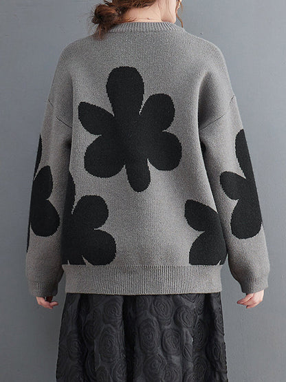 Loose Black Round-neck Contrast Color Flower Long Sleeve Sweater An1070