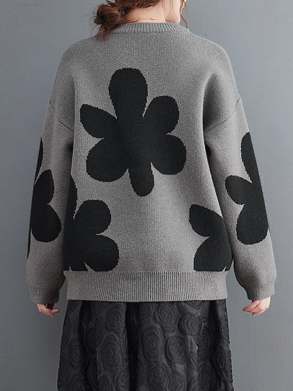 Loose Black Round-neck Contrast Color Flower Long Sleeve Sweater An1070