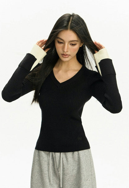 Ribbed V-neck Contrast Sweater