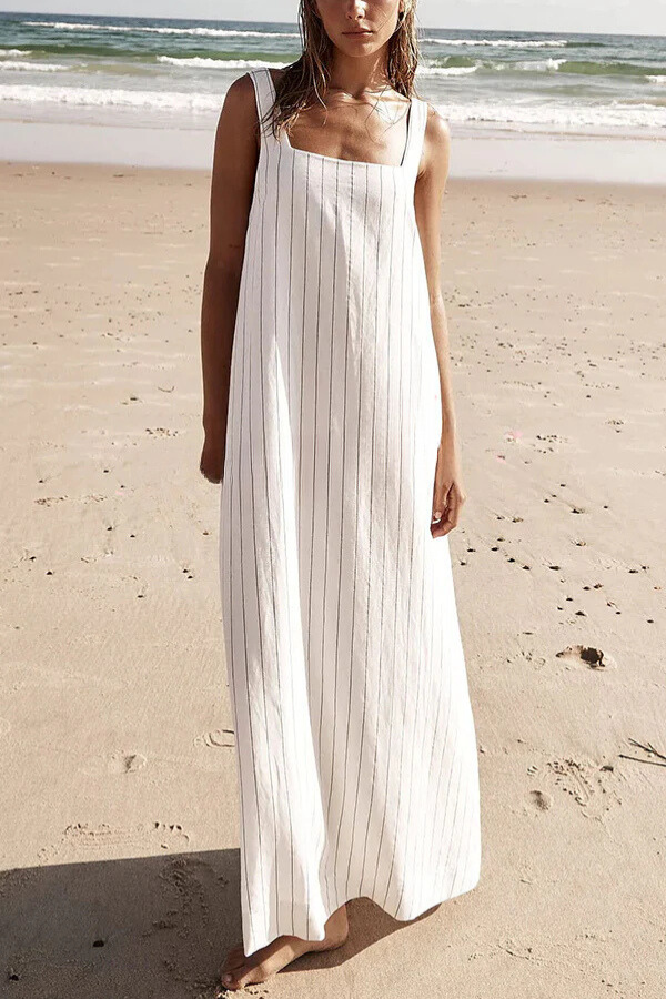 Simple and Linen Blend Pinstripe Detail Square Neck A-line Maxi Dress