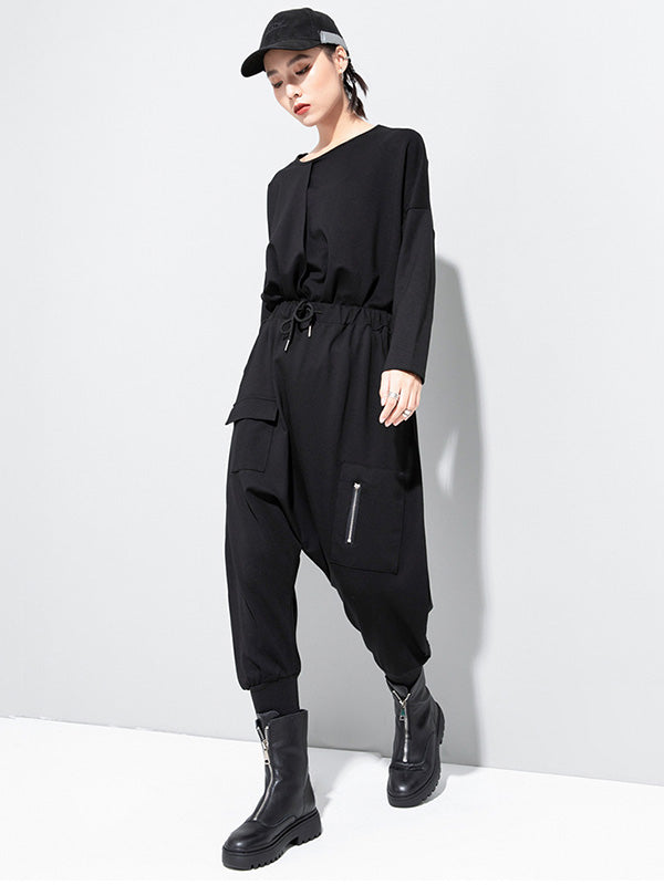 Simple Black Elasticity Waist Pockets Harem Pants Ws012