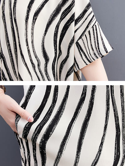 Raglan Sleeve Oversize Zebra-stripe Split-joint Lapel Midi Dresses Shirt Dress