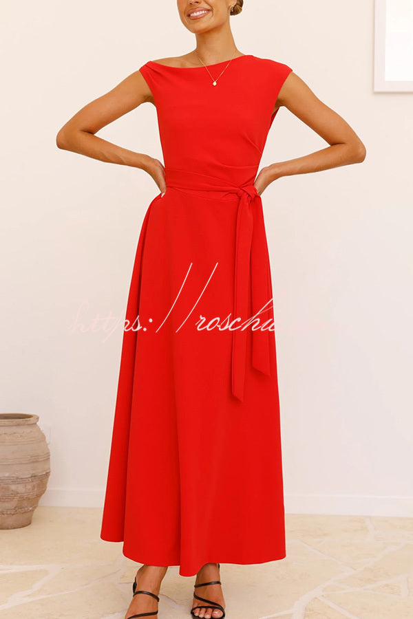 Color Sloped Collar Slim Fit Waist Lace Up Full Hem Maxi Dress