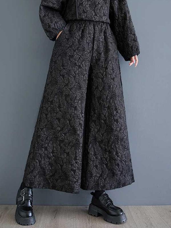Classy Black Round-neck Jacquard Raglan Long Sleeve and Elastic Waist Pockets Wide Leg Pants Set Ws014
