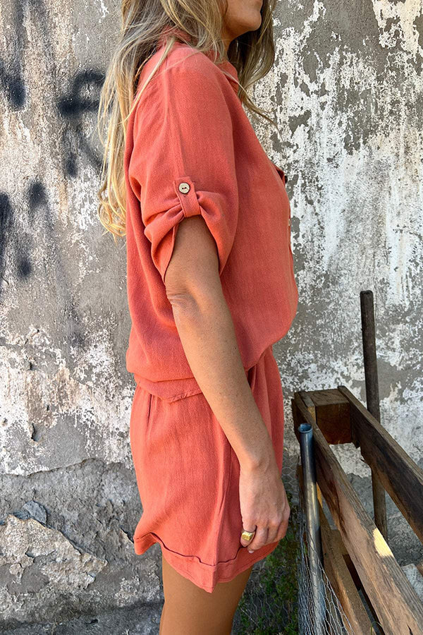 Linen Blend Color Button Lapel Short Sleeve Shirt and Pocket Shorts Set