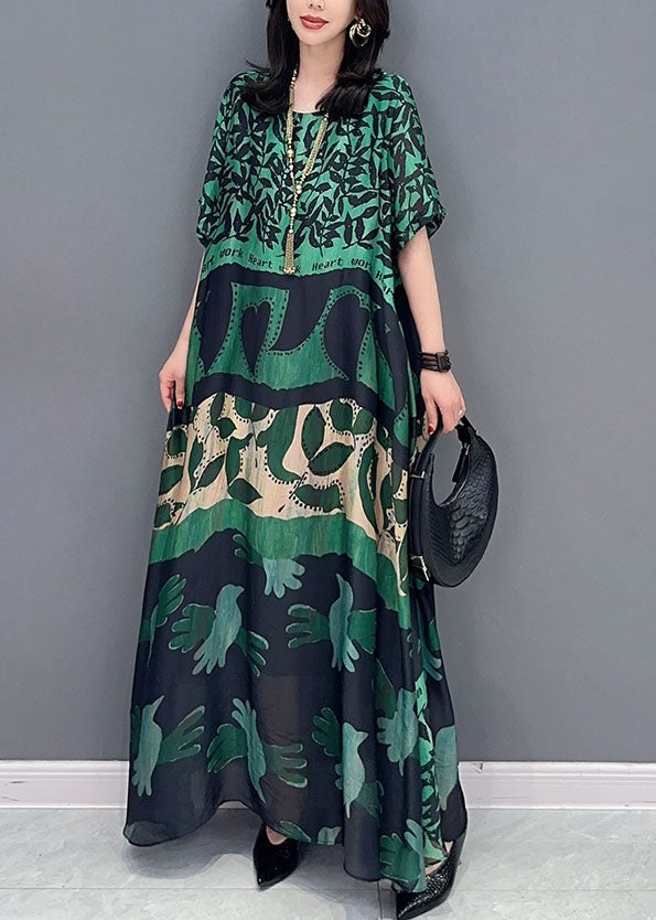 Black Texture O Neck Pockets Print Patchwork Silk Long Dresses Summer Tt1032