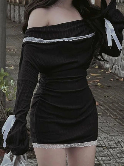 Lace Splice Mini Dress for Bandage Off the Shoulders Slim Ribbing Dresses Bodycon Dress Woman