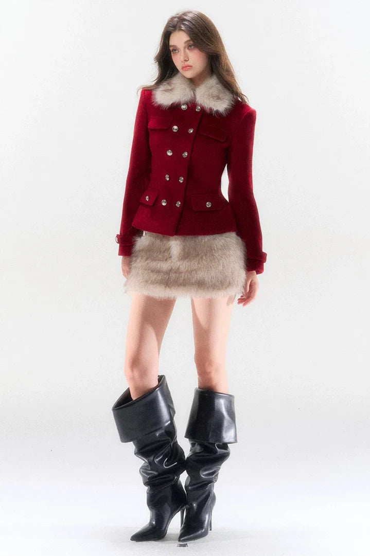 Red Double-breasted Coat and Mini Skirt Set