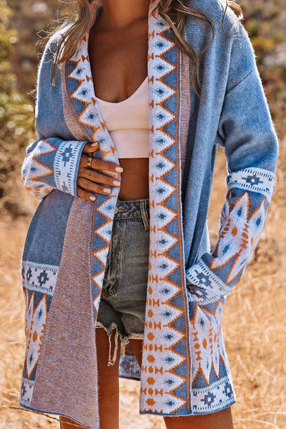 Vzyzv Sweaters Blue Aztec Print Open Front Knitted Cardigan
