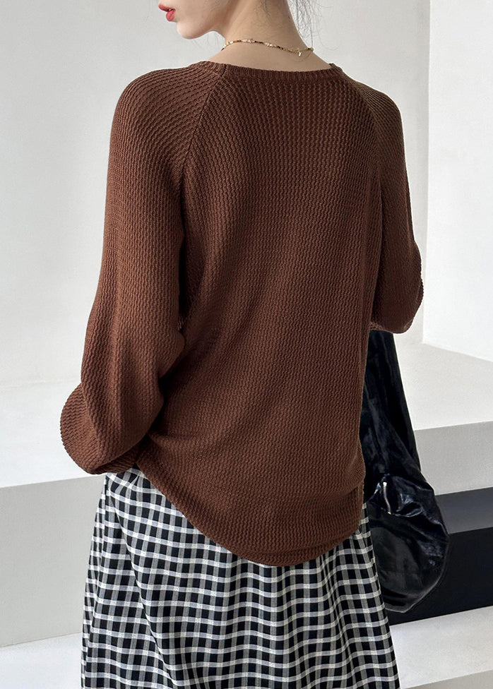 Brown O Neck Hollow Out Knit Sweaters Fall Af1051