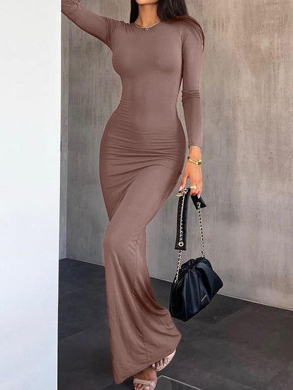 Bodycon Long Sleeves See-through Color Round-neck Maxi Dresses