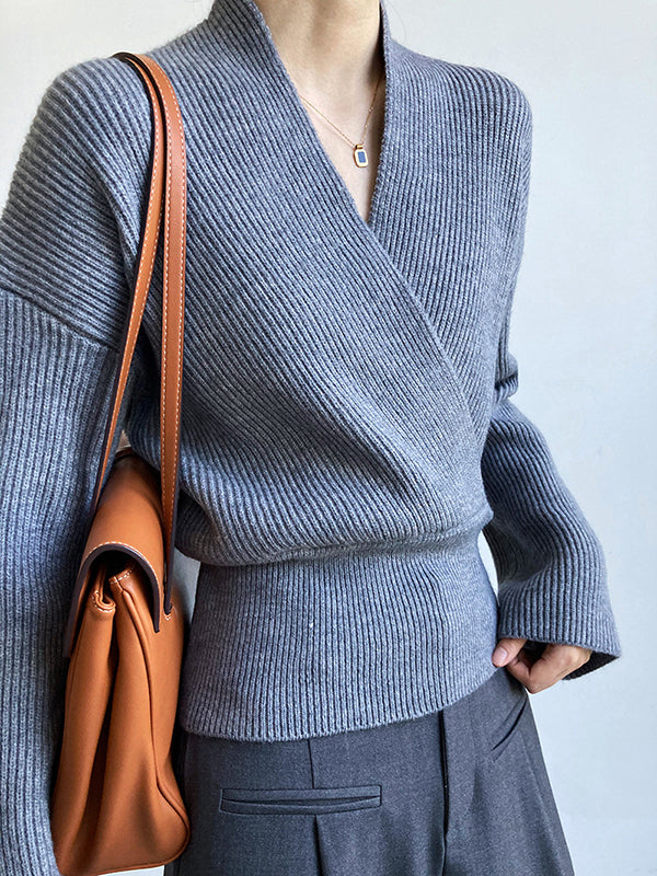 French Grey Cross V-neck Long Sleeve Sweater Qx012