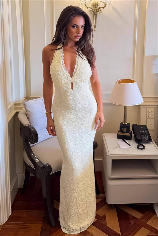 Lace Halter Tie Back Bodycon Maxi Dress