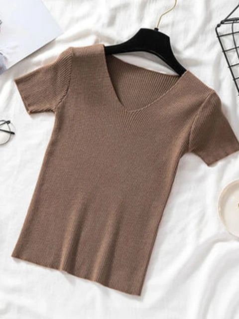 Tee Tops for V-neck Short Sleeve T-shirt Woman Slim Color T Shirts