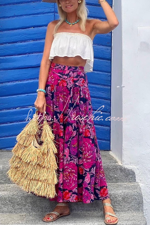 Fantasy Printed High Rise Back Elastic Waist Maxi Skirt