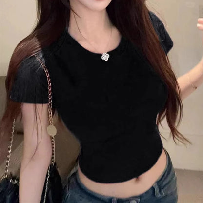 T-shirt Short Sleeve O Neck Slim Fit Crop Top Butterfly Hollow Backless for Tops Summer