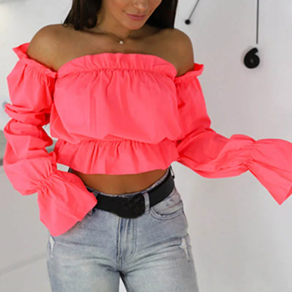 Candy Color Off Shoulder Crop Tops Summer Dot Print Lantern Sleeve Shirts Lady Slash Neck Beach Blouse