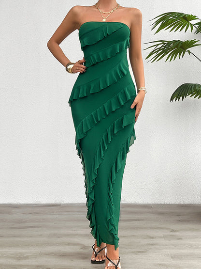 Bodycon High Waisted Ruffle Trim Color Split-back Split-joint Tube Maxi Dresses