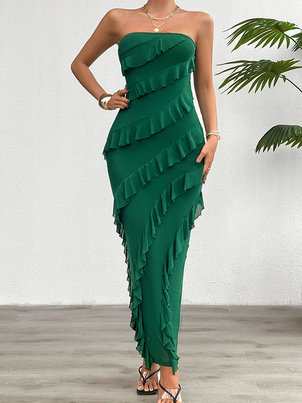 Bodycon High Waisted Ruffle Trim Color Split-back Split-joint Tube Maxi Dresses