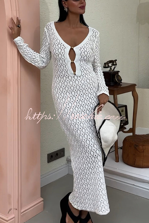 V-neck Long-sleeved Hollow Slim Maxi Dress