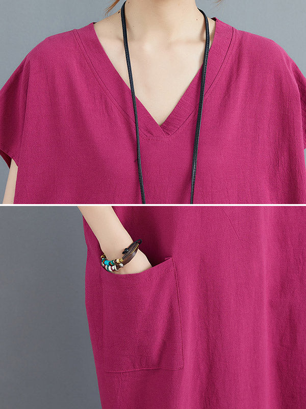 Simple Ramie Cotton Color Split-side With Pocket V-neck Short Sleeves Maxi Dress